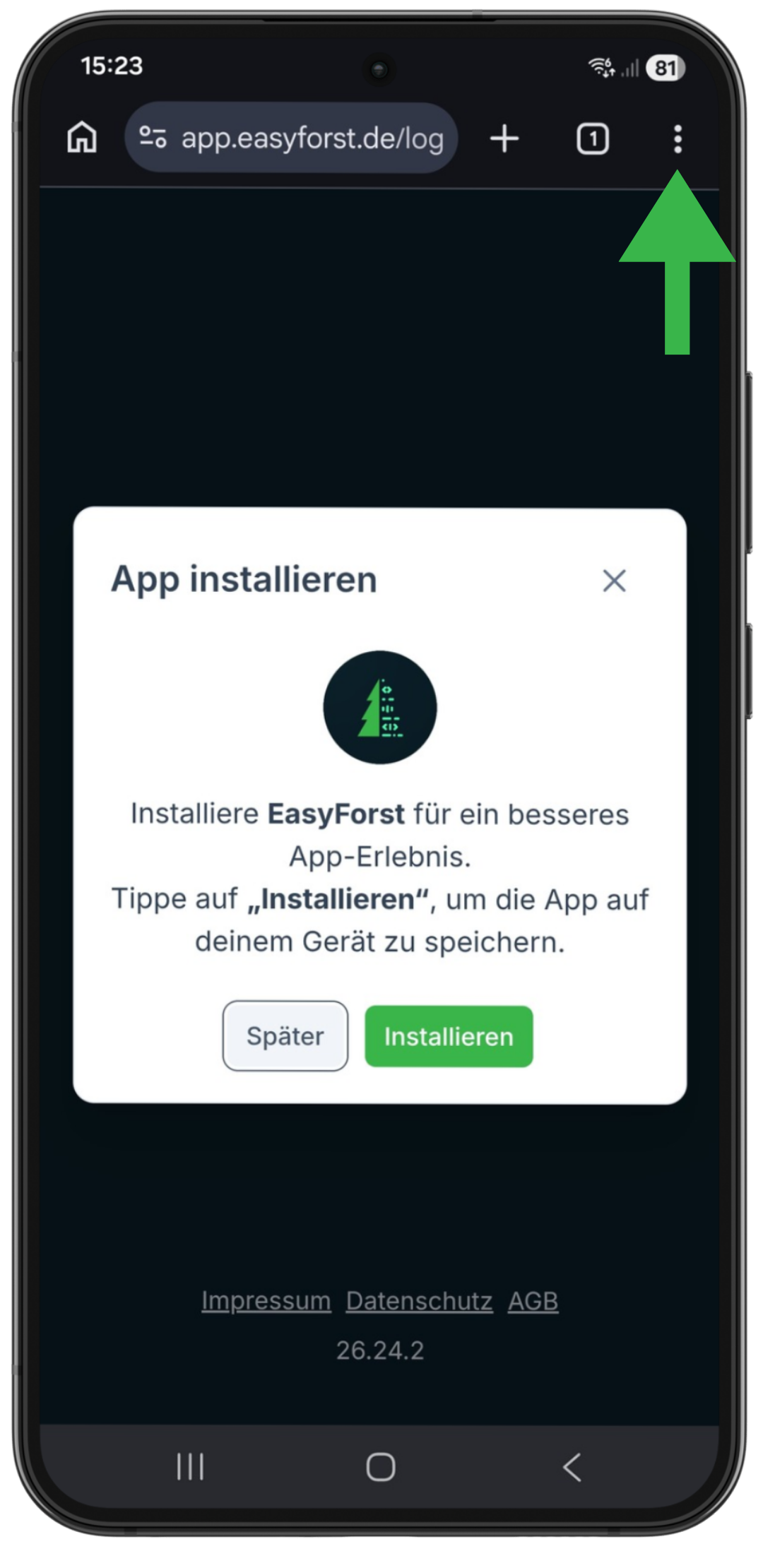 Android Screenshot: EasyForst im Browser öffnen