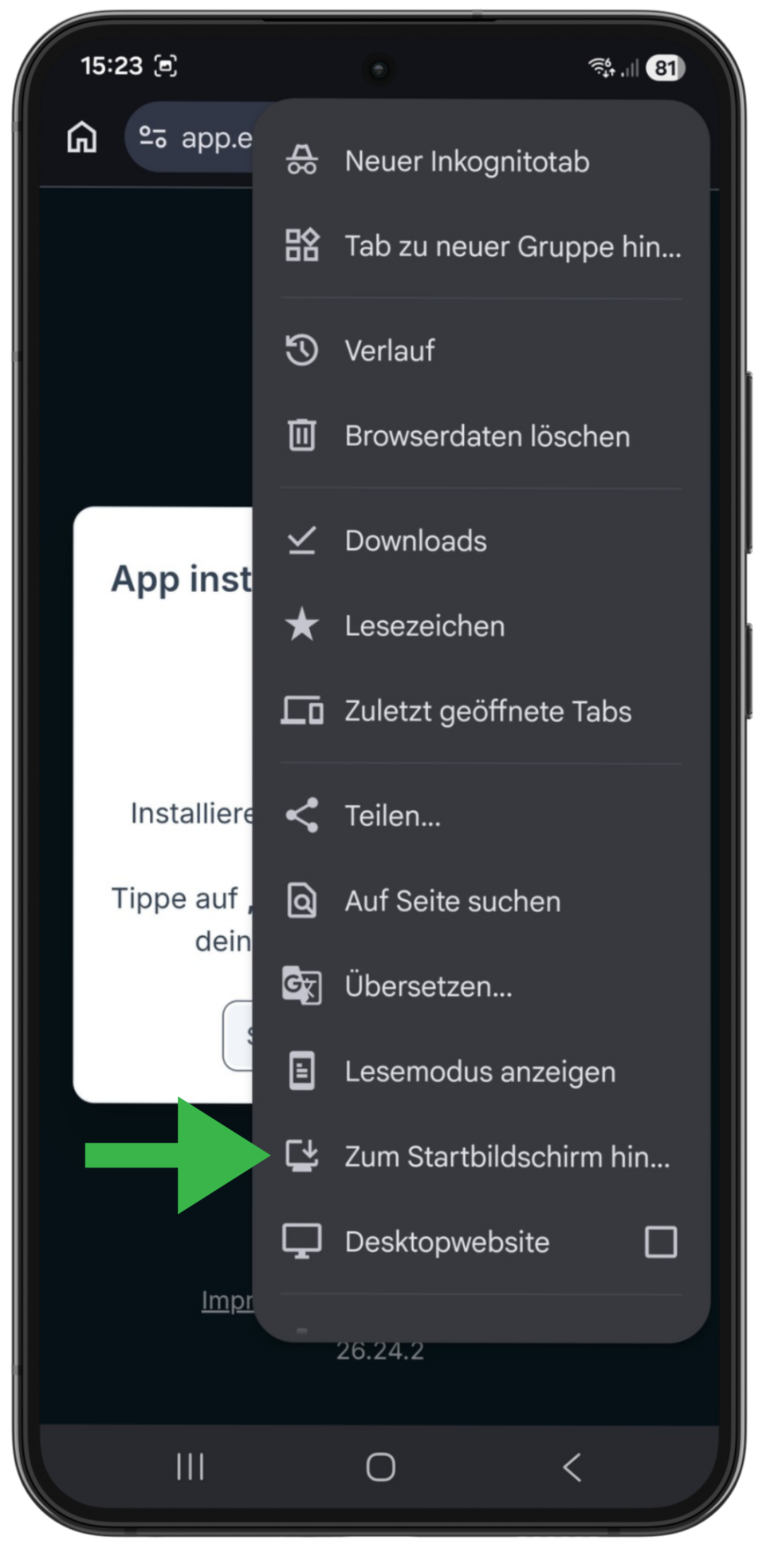 Android Screenshot: Menü mit drei Punkten öffnen